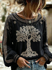 Women's Vintage Viking Tree of Life Print Cotton-Linen Shirt