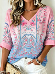Women's Vintage Bohemian Embroidered Floral V-Neck Cotton-Linen Top