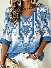 Women's Vintage Bohemian Embroidered Floral V-Neck Cotton-Linen Top