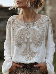 Women's Vintage Viking tree of Life Celtic Knot Print Cotton-Linen Shirt