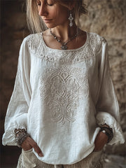 Women's Classy White Roses Viking Tree of Life Print Cotton-Linen Shirt