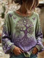 Women's Viking Tree of Life Butterflies Floral Print Gradient Cotton-Linen Shirt