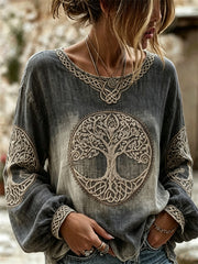 Women's Viking Tree of Life Celtic Knot Gradient Print Cotton-Linen Shirt