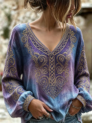 Women's Vitage Classy Viking Celtic Knot Gradient Print Cotton-Linen Shirt