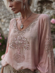 Women's Vintage Classy Pink Tree of Life Viking Print Cotton-Linen Shirt