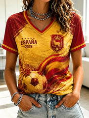 Women's Spanish Football Printed V-neck T-shirt