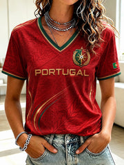 Women's Portugal Football Printed V-neck T-shirt
