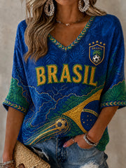 Women's Brazil Football Fan Gift Mid-length Sleeves V-Neck T-Shirt
