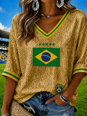 Women's Brazil Football Fan Gift Printed Mid-length Sleeves V-Neck T-Shirt