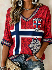 Women's Norway Football Viking Wolf Celtic Knot Flag Colorblock Print Mid-length Sleeves V-Neck T-Shirt