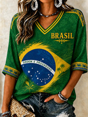 Women's Brazil Football Fan Gift Art Mid-length Sleeves V-Neck T-Shirt
