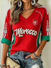 Women's Color Combination Design Football Element Pattern Print Mid-length Sleeves V-Neck T-Shirt