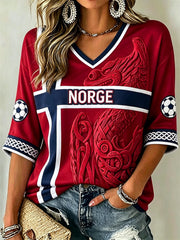 Women's Viking Element Color-blocked Design Casual Mid-length Sleeves V-Neck T-Shirt