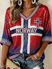 Women's Norway Football Viking Celtic Knot Flag Gradient Glitter Print Mid-length Sleeves V-Neck T-Shirt