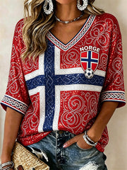 Women's Norway Football Viking Celtic Knot Flag Inspired Glitter Print Mid-length Sleeves V-Neck T-Shirt