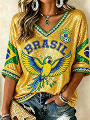 Women's Brasil Football Flying Macaw Flag Glitter Print Mid-length Sleeves V-Neck T-Shirt