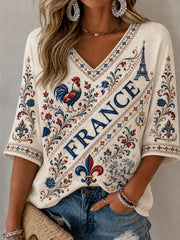 Women's France Lover Mid-length Sleeves V-Neck T-Shirt