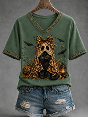Women's Retro Halloween Pumpkin Ghost Short Sleeve T-shirt