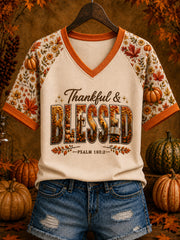 Women's Thanksgiving Thankful Grateful Blessed Pumpkin Art Print Short Sleeve T-shirt