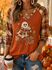 Women's Cute Ghost Hello Fall Plaid Print Casual Long-Sleeve V-Neck T-Shirt