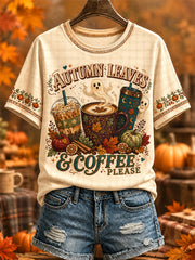 Women's Autumn Leaves & Coffee Please Print Casual Tee