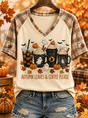 Women's Autumn Leaves & Coffee Please Print Casual V-Neck Tee