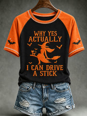 Women's Halloween Witch Black Cat Bat I Can Drive A Stick Print Short-sleeve T-shirt