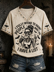Women's Funny Halloween Skull Witch I Fully Intend To Haunt People When I Die I Have A List Print Casual V-Neck Tee