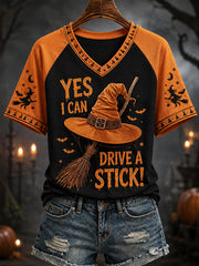 Women's Funny Halloween Why Yes,Actually I Can Drive A Stick Witch Hat Print Casual V-Neck Tee