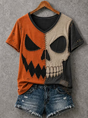 Women's Halloween Patchwork Print Casual V-Neck Tee