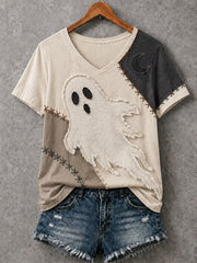 Women's Halloween Patchwork Print Casual V-Neck Tee
