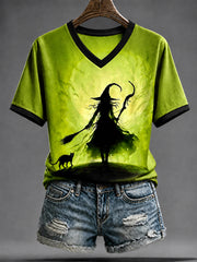 Women's Halloween Witch Black Cat Art Short Sleeve T-shirt