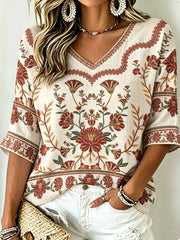 Women's Vintage Bohemian Embroidered Floral V-Neck Cotton-Linen Top