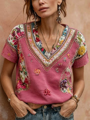Women's Bohemian Floral Embroidery Patchwork Art V-neck Short Sleeve Linen Blend T-shirt