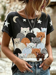 Women's Cute Animal Cat Short-Sleeve Casual T-Shirt