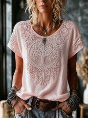 Women's Viking Tree of Life Floral Lace Art Print linen short-sleeved T-shirt