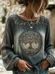 Women's Vintage Viking Tree of Life Celtic Knot Gradient Print Cotton-Linen Shirt