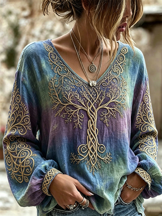 Women's Vintage Viking Tree of Life Celtic Print Colorful Dyed Cotton-Linen Shirt