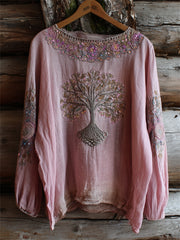 Women's Vintage Boho Viking Tree of Life Art Print Cotton-Linen Shirt
