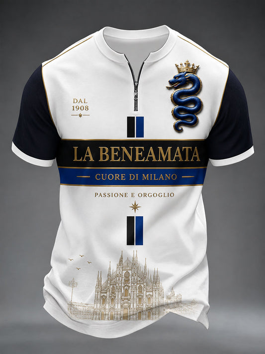 Men's Milan Football Print Zip Short Sleeve T-Shirt