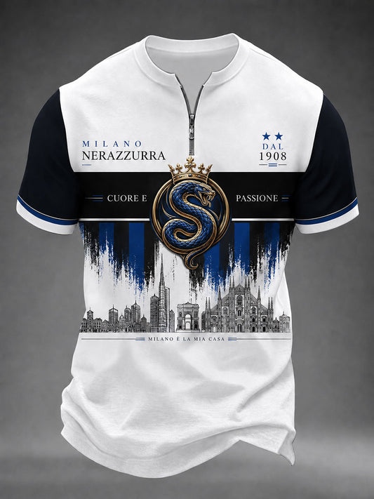 Men's Milan Football Print Zip Short Sleeve T-Shirt