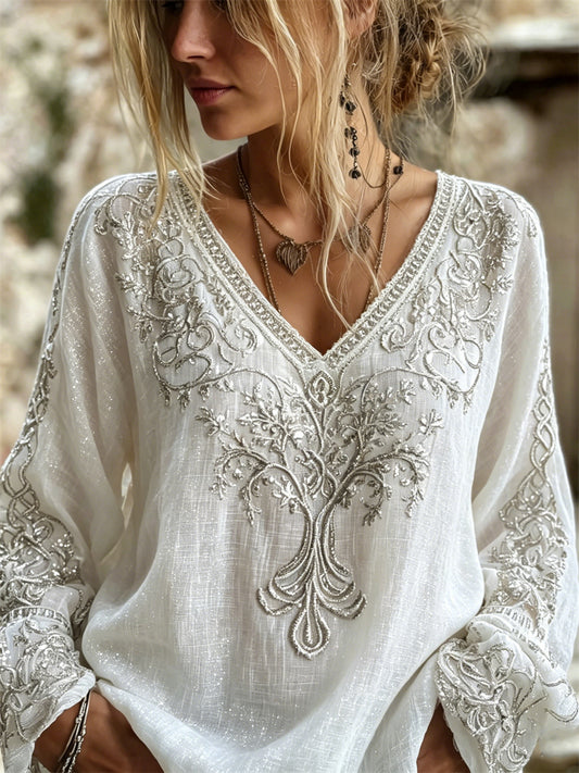 Women's Classy Silver Viking Tree of Life Glitter Print Cotton-Linen Shirt