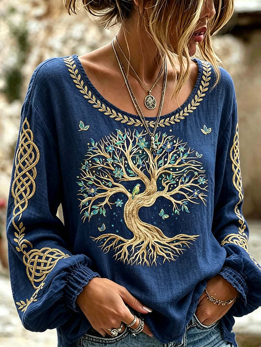 Women's Viking Retro Pattern Print Cotton-Linen Shirt