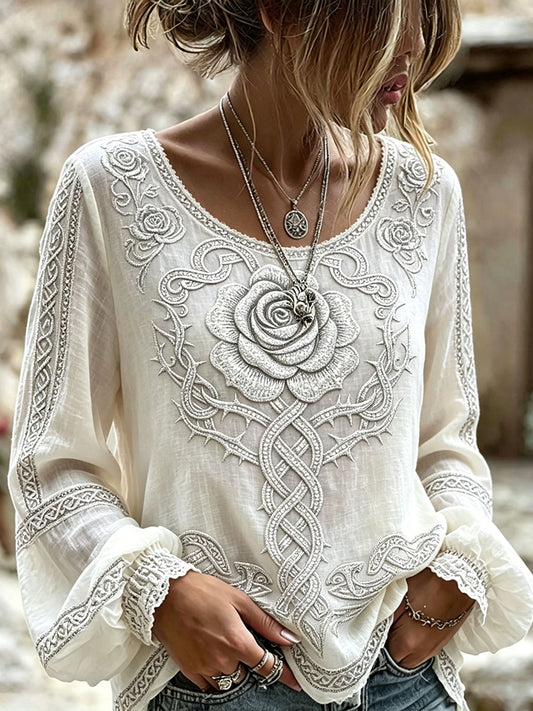 Women's Viking Celtic Knot Rose Print Cotton-Linen Shirt