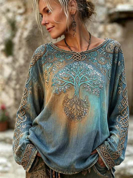 Women's Vintage Celtic Tree of Life Viking Print Gradient Cotton-Linen Shirt