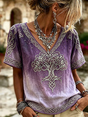 Women's Classy Viking Tree of Life Celtic Print Linen Short-sleeved T-shirt