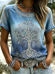 Women's Viking Celtic Tree Of Life Print Gradient Linen Short-sleeved T-shirt
