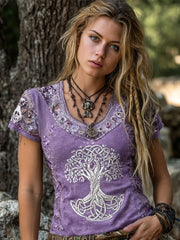 Women's Vintage Tree Of Life Celtic Print V Neck Short-sleeved T-shirt