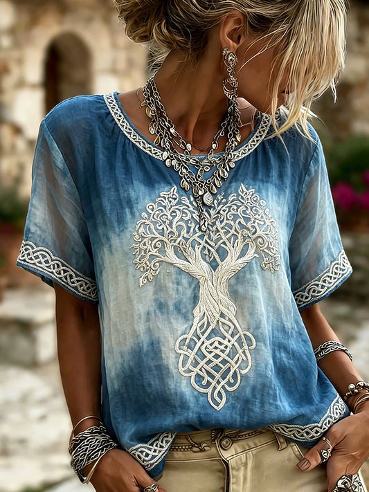 Women's Vintage Viking Tree Of Life Celtic Print Gradient Linen Short-sleeved T-shirt