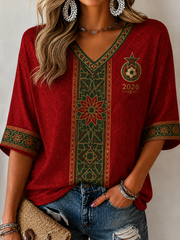 Women's MOROCCO Printed Mid-length Sleeves V-Neck T-Shirt